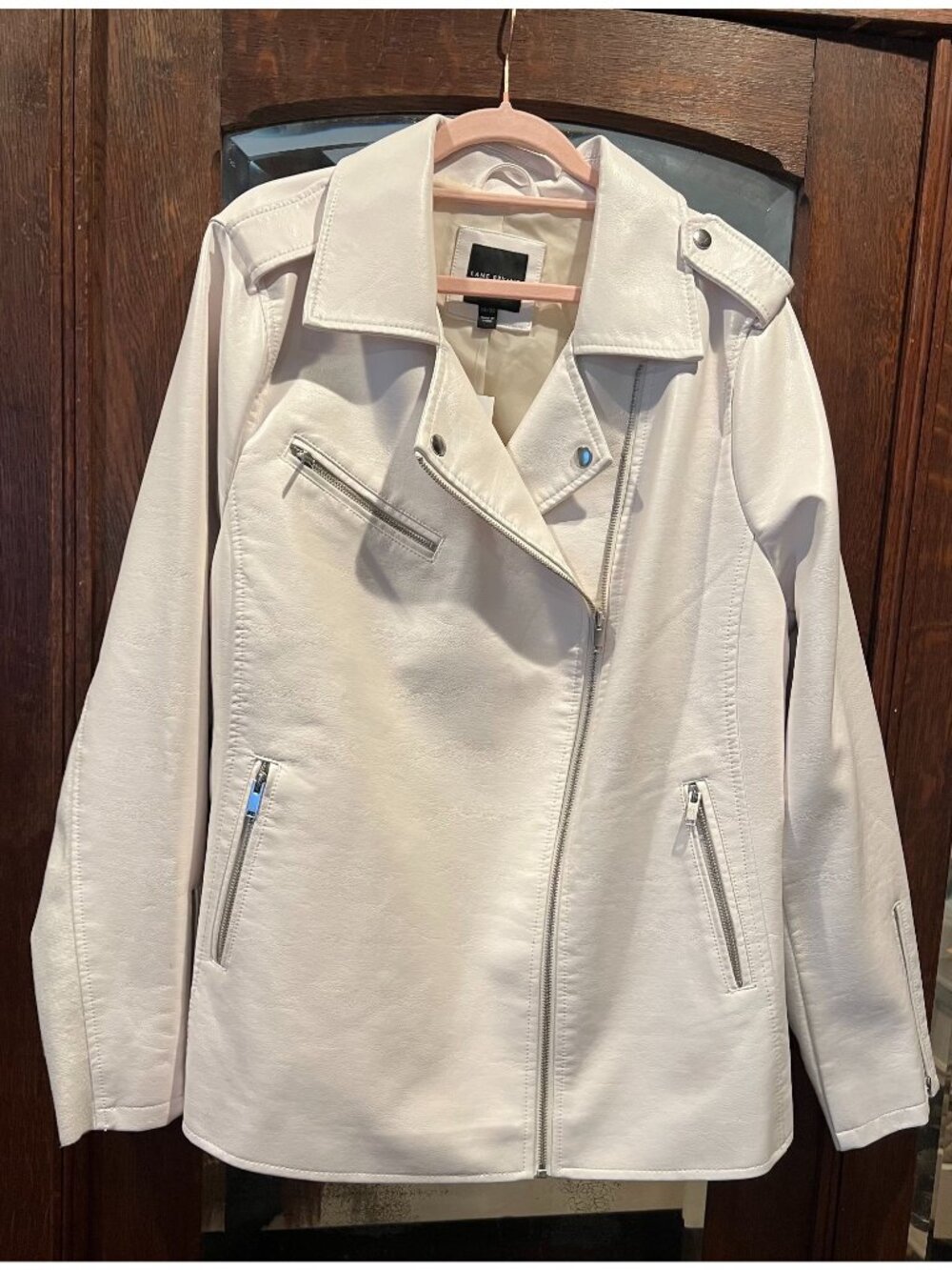 Lane Bryant Womens White Faux Leather Moto Jacket Size 18/20 Silver Zipper